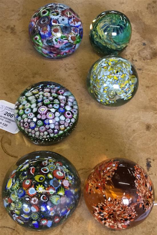 Six glass paperweights, various, three millefiore, three abstract(-)